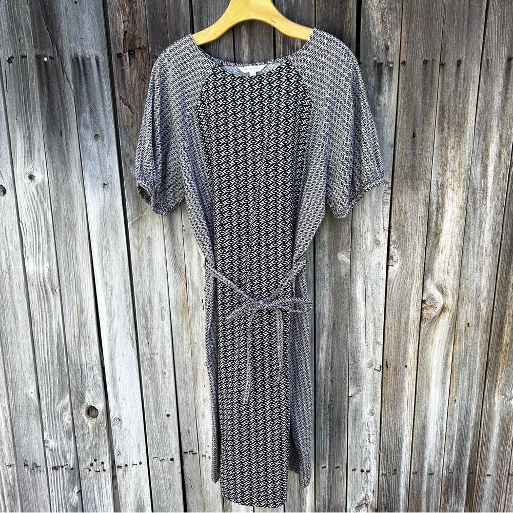 Garnet Hill Imogene Linen Midi Puff Sleeve Belted Print Dress Black Tan Beige L - Picture 16 of 16